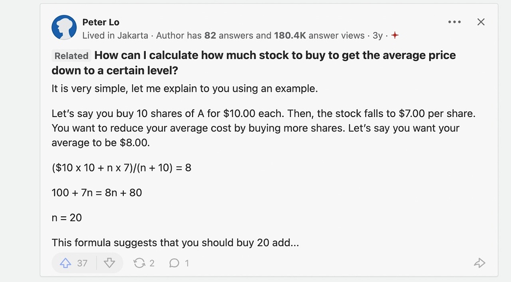 How can I calculate how much stock to buy to get the average price down ...